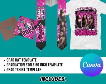 Peut inclure: Un ensemble de graduation comprenant une écharpe de graduation rose et noire avec le texte "Class of 2024" et "Angela", un bonnet de graduation rose et noir avec le texte "Class of 2024" et "Angela", et un t-shirt blanc avec le texte "Congratulations Angela Smith Class of 2024 You Did It Senior".