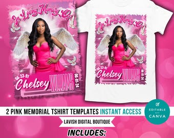 Modelo de camiseta rosa comemorativa, design editável "Em memória amorosa" (Canva)