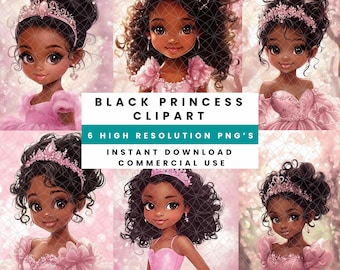 Black Princess Clipart, Pink and Gold, Melanin Princess PNG (Digital Download)