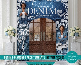 Arco de mezclilla y diamantes, cumpleaños con temática de mezclilla azul, plantilla de entrada, plantilla de decoración de mezclilla, plantillas de Canva, descarga instantánea