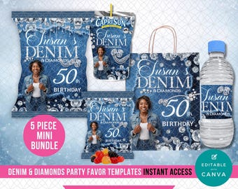 Festgåva med denim och diamanter, födelsedag med blå jeans-tema, glamourös utskrivbar festdekoration, Canvas-mallar, direktnedladdning