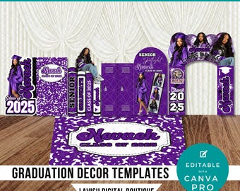 May include: Purple and white graduation party decorations with the name Nevaeh and the year 2025. The decorations include a backdrop, a photo booth frame, a banner, and a table runner. The decorations are editable with Canva Pro.