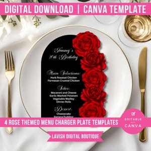 Puede incluir: Una tarjeta de menú negra con rosas rojas, texto y un plato blanco. La tarjeta de menú es para "Jimmy's 30th Birthday" y enumera las selecciones principales, los acompañamientos y el postre. El texto "DIGITAL DOWNLOAD | CANVA TEMPLATE" está en la parte superior.
