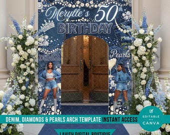 Fondo de mezclilla y diamantes, arco de mezclilla y perlas, cumpleaños con temática de jeans azules, plantilla de entrada, plantillas de Canva, descarga instantánea