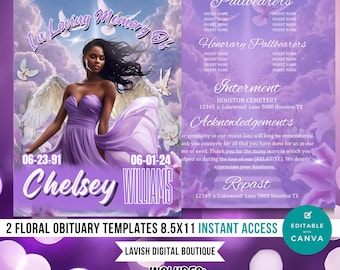 May include: Two printable floral obituary templates in purple and white with a black and white image of an angel. The templates are 8.5 inches by 11 inches and are editable with Canva. The text on the template says "In Loving Memory Of" and includes space for the deceased's name, dates, and other information.