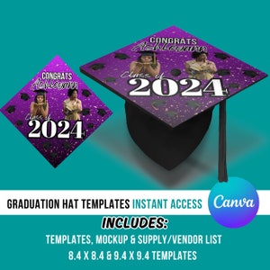 Graduation Hat Topper Design Editable in Canva,  2024 Graduation Stole Design, Canva Grad Hat Topper Template