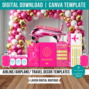 Accessori per feste di viaggio, accessori per feste in aereo, decorazioni per feste stampabili, decorazioni per feste di viaggio, sagome a grandezza naturale, sagome di passaporto, modelli Canva