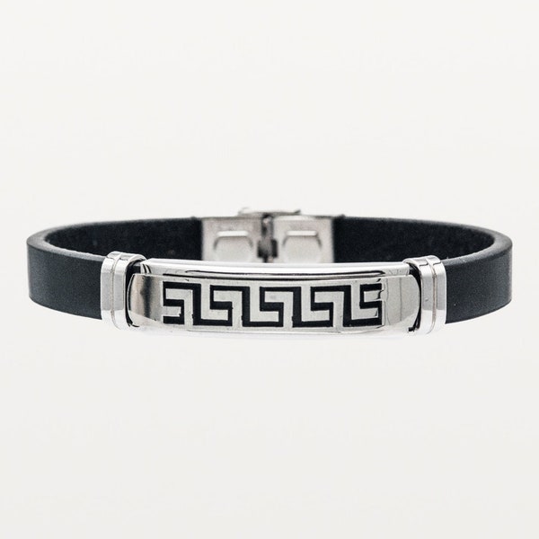 Sophisticated Stainless Steel Greek Meander Black Leather Bracelet