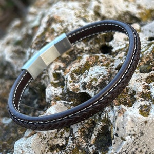 Armband Männer Echtes Leder Edelstahl Braun Verstellbare Magnetschnalle Geflochten