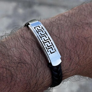 Classic Stainless Steel Greek Meander Charm Bracelet with Black Adjustable Leather Strap