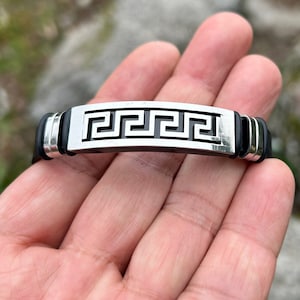 Greek Meander Stainless Steel Charm Bracelet – Elegant Adjustable Black Leather Band – 21cm (8.26&quot;)
