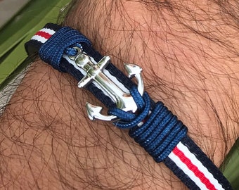 Handmade Stainless Steel Anchor Bracelet: Adjustable Cord & Leather Wristband
