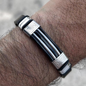 Greek Key Stainless Steel & Black Rubber Bracelet - Adjustable Wide Band