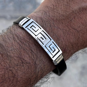 Stainless Steel Greek Meander Charm Bracelet with Black Adjustable Leather Strap