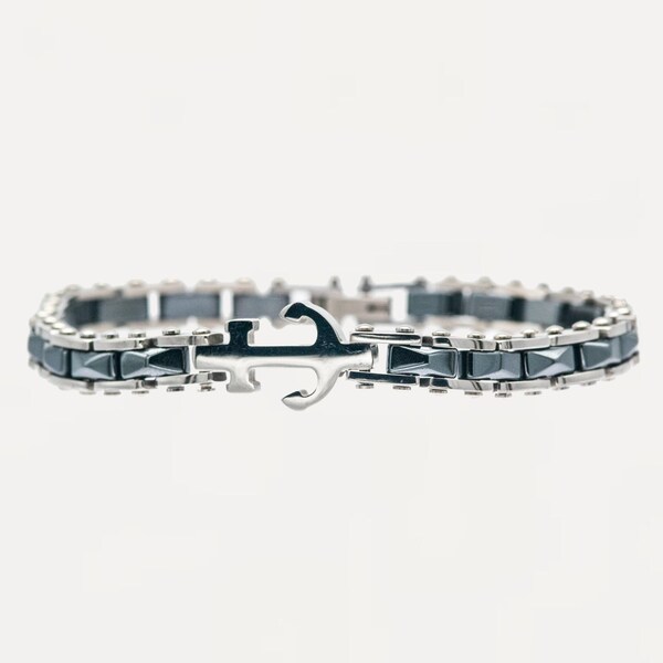 Urban Jewelry Men's Stainless Steel Link Bracelet - Polished Pyramid Style In Black, 8.26 Inch Length