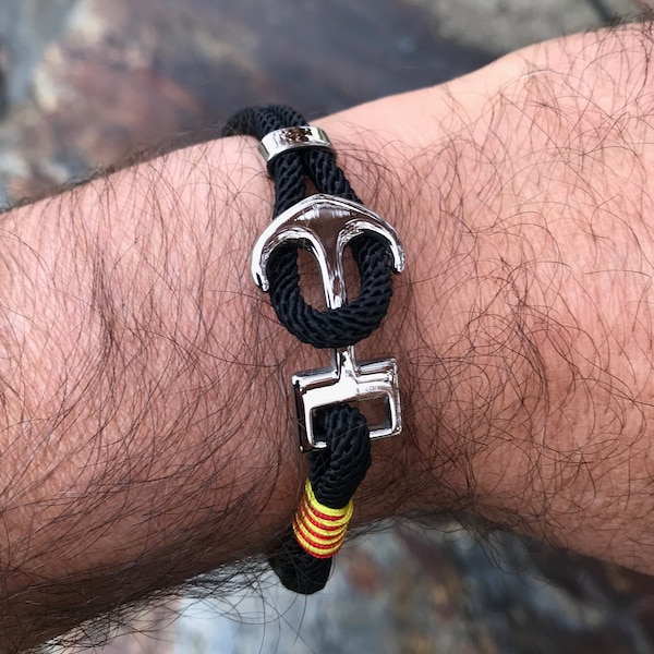 Ancla marina de acero inoxidable con pulsera de cordón negro náutico ajustable para hombre mujer, pulseras de cuerda náutica vintage