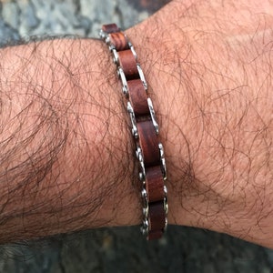 Stainless Steel and Wood Chain Link Bracelet for Men, Male Accessories Jewelry Adjustable, Men Bracelet, Gift for him