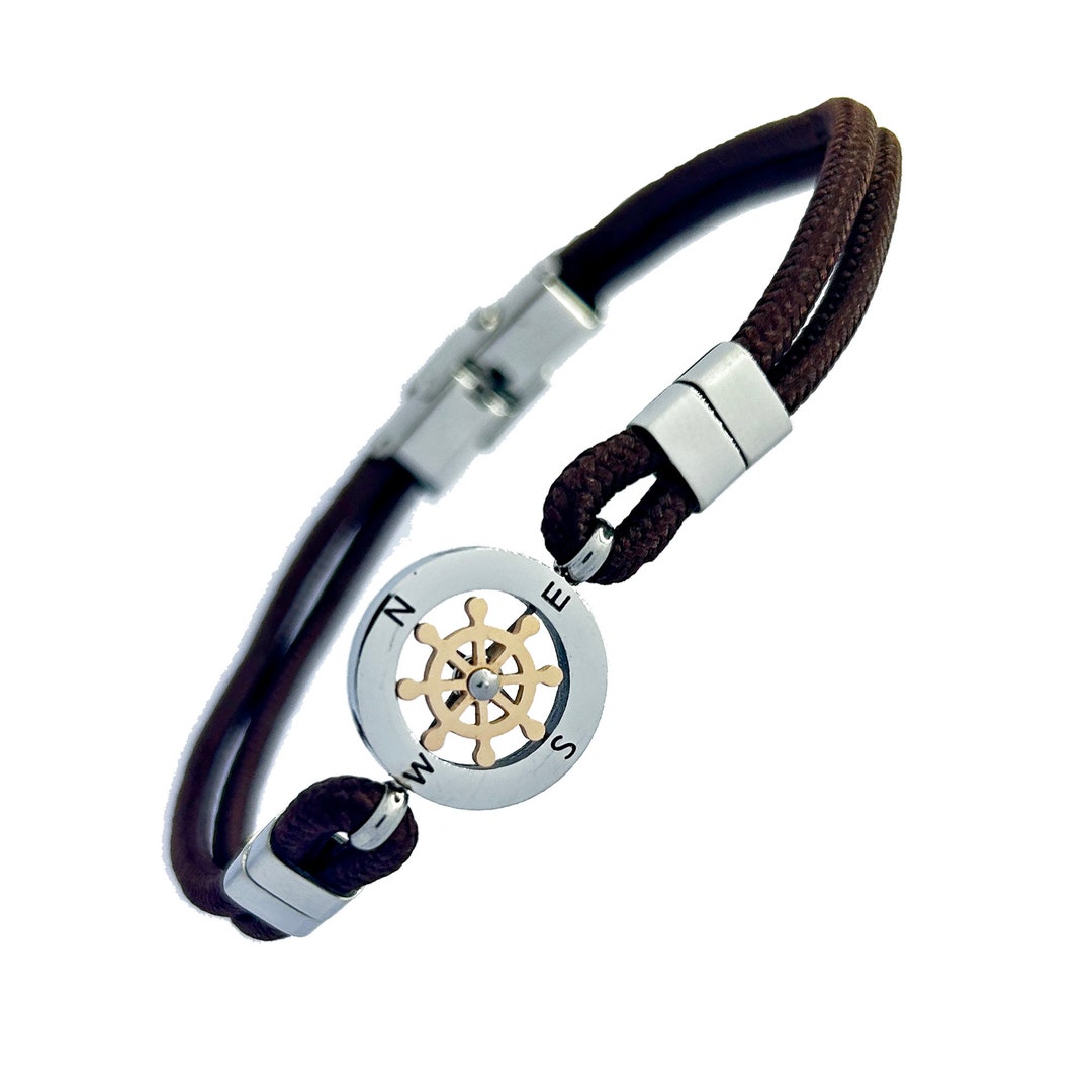 Stainless Steel Compass Rose Bracelet: Movable Rudder, Brown Nautical ...