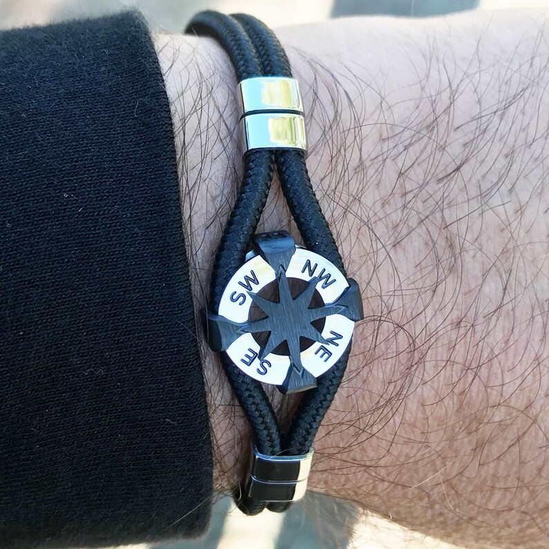 Nautical Compass Rose Bracelet With Black Rope Unisex Stainless Steel
