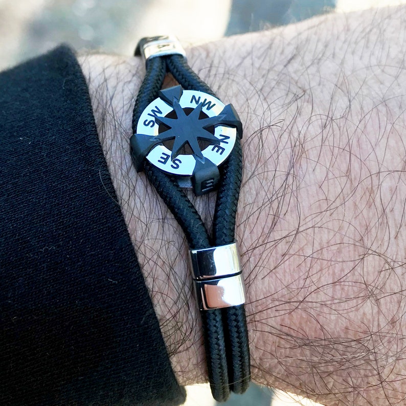 Nautical Compass Rose Bracelet With Black Rope Unisex Stainless Steel