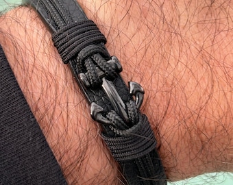 Stainless Steel Marine Anchor with Adjustable Black Cord Leather Bracelet for Men Woman, Vintage Anchor Bracelets, Marine Bracelet,
