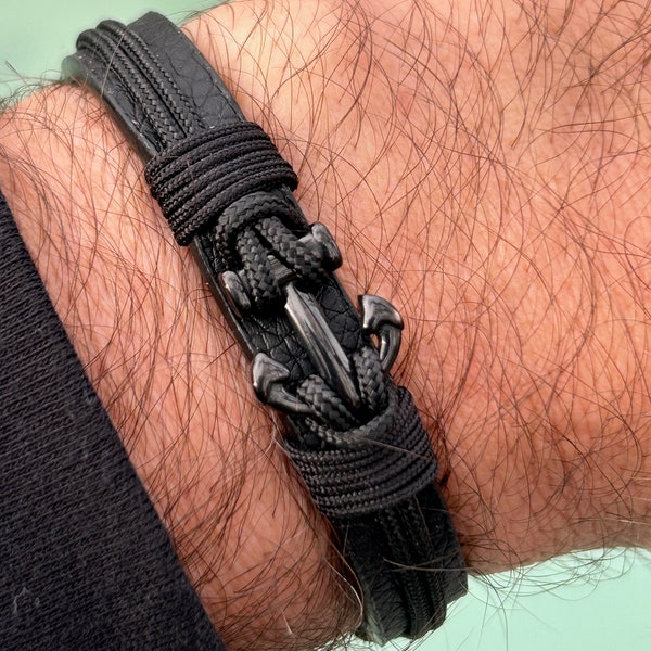 Edelstahl Marine Anker mit verstellbarer schwarzer Schnur Lederarmband für Männer Frau, Vintage Anker Armbänder, Marine Armband,