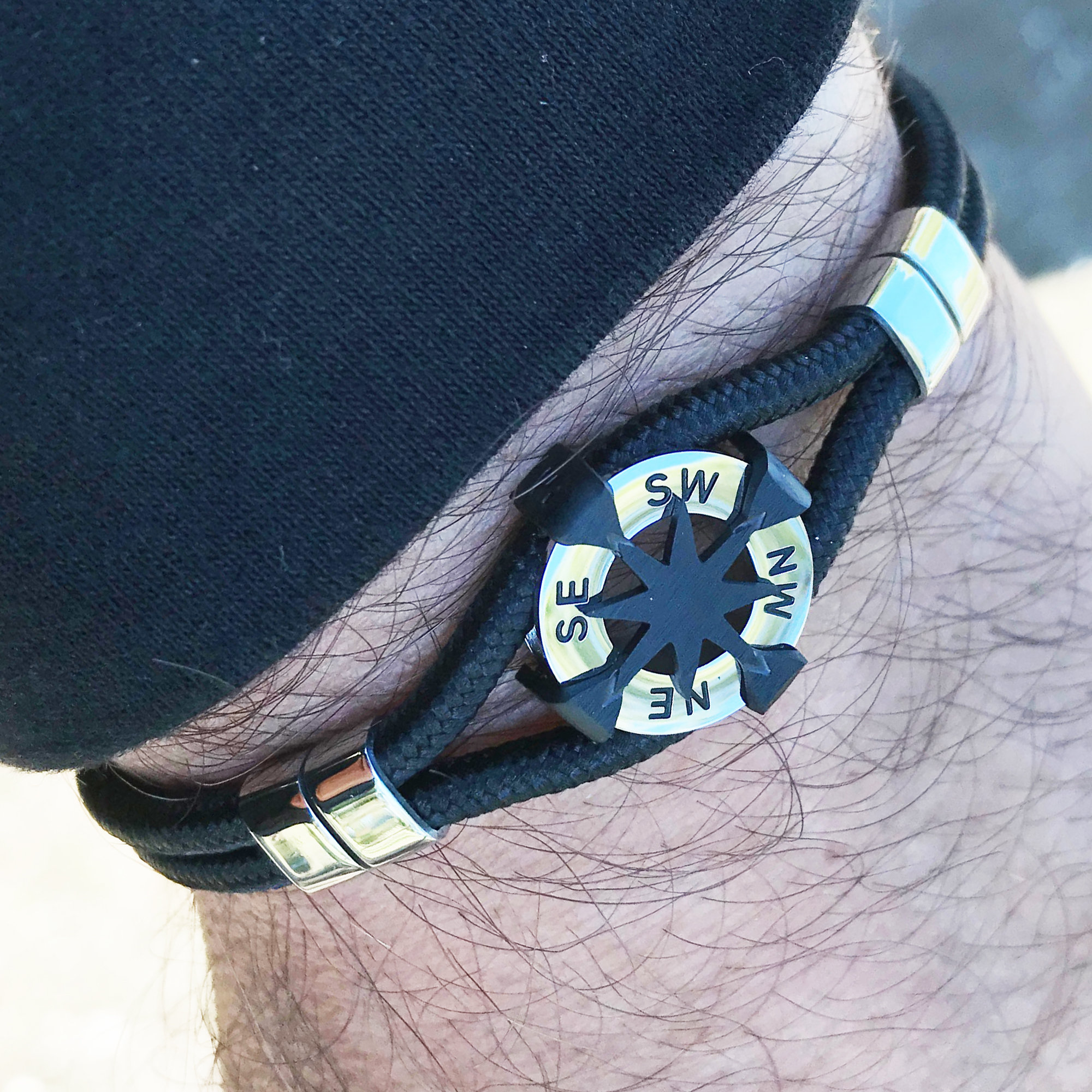 Nautical Compass Rose Bracelet With Black Rope Unisex Stainless Steel