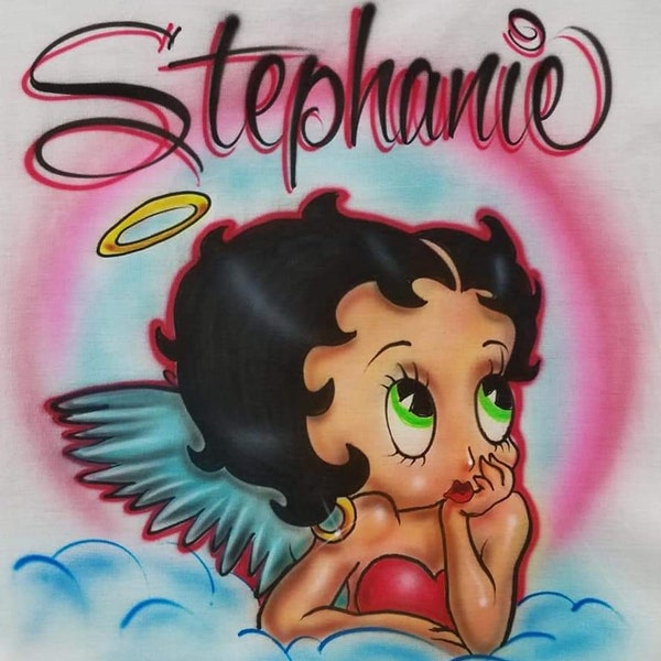 Airbrushed t-shirt Cherub Betty Boop design Personalized Betty Boop gift Custom painted shirt Vintage cartoon Airbrushed Betty Boop tshirt