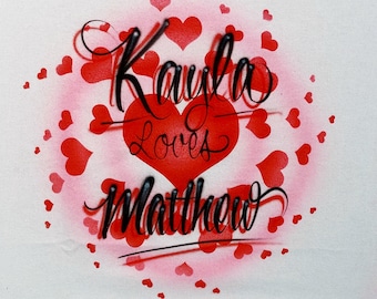 Airbrushed Couples T-shirt with Hearts & Custom Names