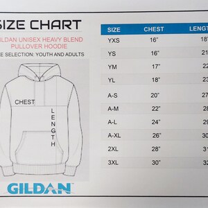 May include: Size chart for Gildan unisex heavy blend pullover hoodies. The chart shows sizes from YXS to 3XL with corresponding chest and length measurements in inches.