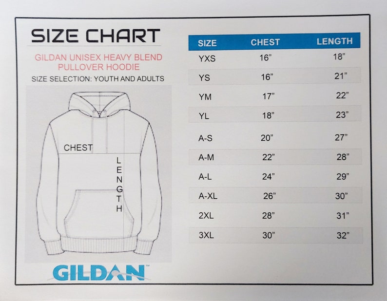 May include: Size chart for Gildan unisex heavy blend pullover hoodies. The chart shows sizes from YXS to 3XL with corresponding chest and length measurements in inches.