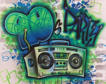 Airbrushed 90s Boombox T-shirt: Hip Hop Party Graffiti