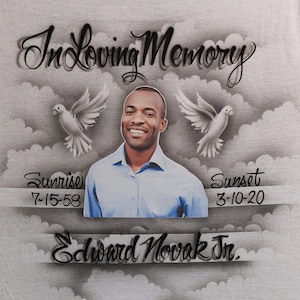 Airbrushed In loving Memory doves and clouds photo transfer cutout design Rest In Peace Airbrushed In Memory RIP shirt Memorial shirt photo