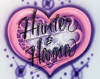 Airbrushed Valentine's T-Shirt: Couples Heart Names Design