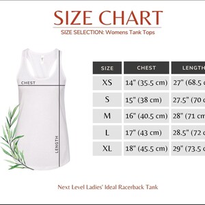 May include: Size chart for women's tank tops with measurements in inches and centimeters. The chart shows sizes XS through XL with corresponding chest and length measurements.