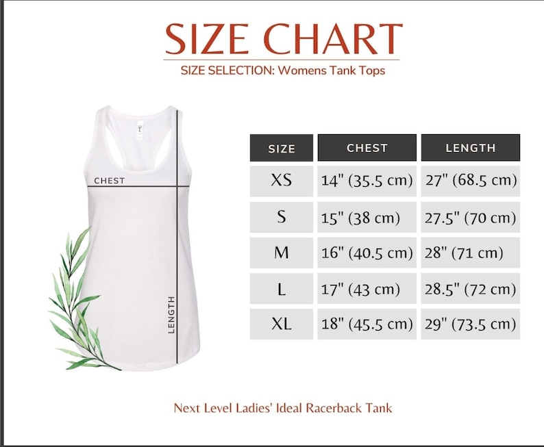 May include: Size chart for women's tank tops with measurements in inches and centimeters. The chart shows sizes XS through XL with corresponding chest and length measurements.