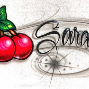 Airbrushed T-shirt: Custom Name & Cherries Design, Party Favor