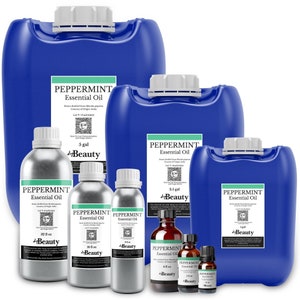 May include: A set of seven bottles of peppermint essential oil in various sizes, ranging from a small 1/10 oz bottle to a large 5-gallon container. The bottles are all blue and silver with a white label that says "Peppermint Essential Oil".