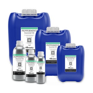 May include: A collection of Peppermint Essential Oil containers including three large blue plastic jugs with white caps and three silver metal bottles with white caps. Labels feature the text Peppermint Essential Oil and 5 gal, 2.5 gal, 1 gal, 32 fl oz, 16 fl oz, and 8 fl oz.