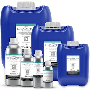 May include: An assortment of blue containers and silver bottles of organic eucalyptus essential oil. The containers range in size from 4 fl oz to 5 gallons. Each container has a label with the product name and other details.
