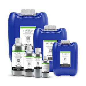 May include: A collection of 100% pure tea tree essential oil containers, including three blue plastic jugs labeled 5 gal, 2.5 gal, and 1 gal, and four silver metal bottles labeled 32 fl oz, 16 fl oz, 8 fl oz, and 4 fl oz, all with white screw caps.