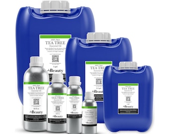 May include: A collection of 100% pure tea tree essential oil containers, including three blue plastic jugs labeled 5 gal, 2.5 gal, and 1 gal, and four silver metal bottles labeled 32 fl oz, 16 fl oz, 8 fl oz, and 4 fl oz, all with white screw caps.