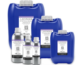 May include: A collection of Lavender 40/42 Nature Identical Essential Oil containers by Pure Body Naturals. Includes three blue plastic jugs in 18.9 L, 9.5 L, and 3.8 L sizes, and three silver metal bottles in 946 ml, 473 ml, and 237 ml sizes with white caps.