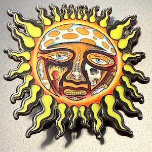 Custom Sublime Inspired UV Print Metal Pin. Vibrant Sun Face Collectable Pin.