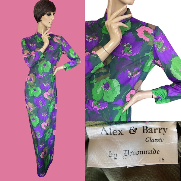 Stunning vintage 70s high neck maxi dress floral print Alex and Barry classics by Devonemade 12 14