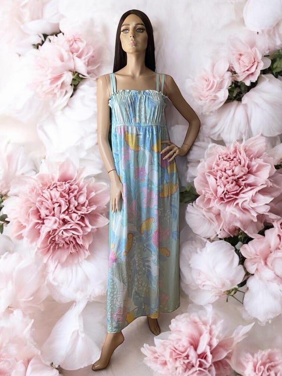 Vintage 70s Floral Crane Maxi Dress Frank Usher Fabric, Size 12