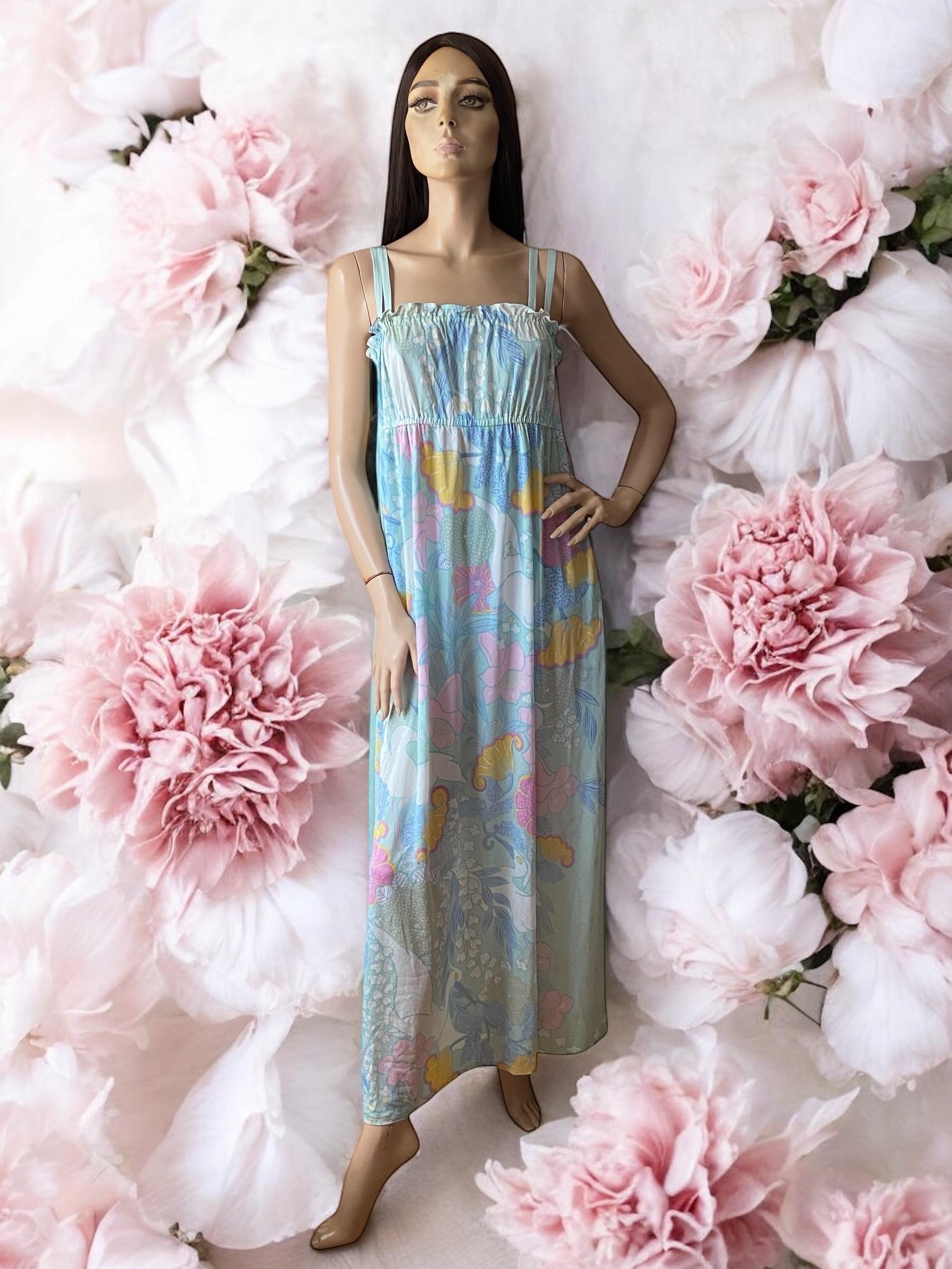 Vintage 70s Floral Crane Maxi Dress Frank Usher Fabric, Size 12