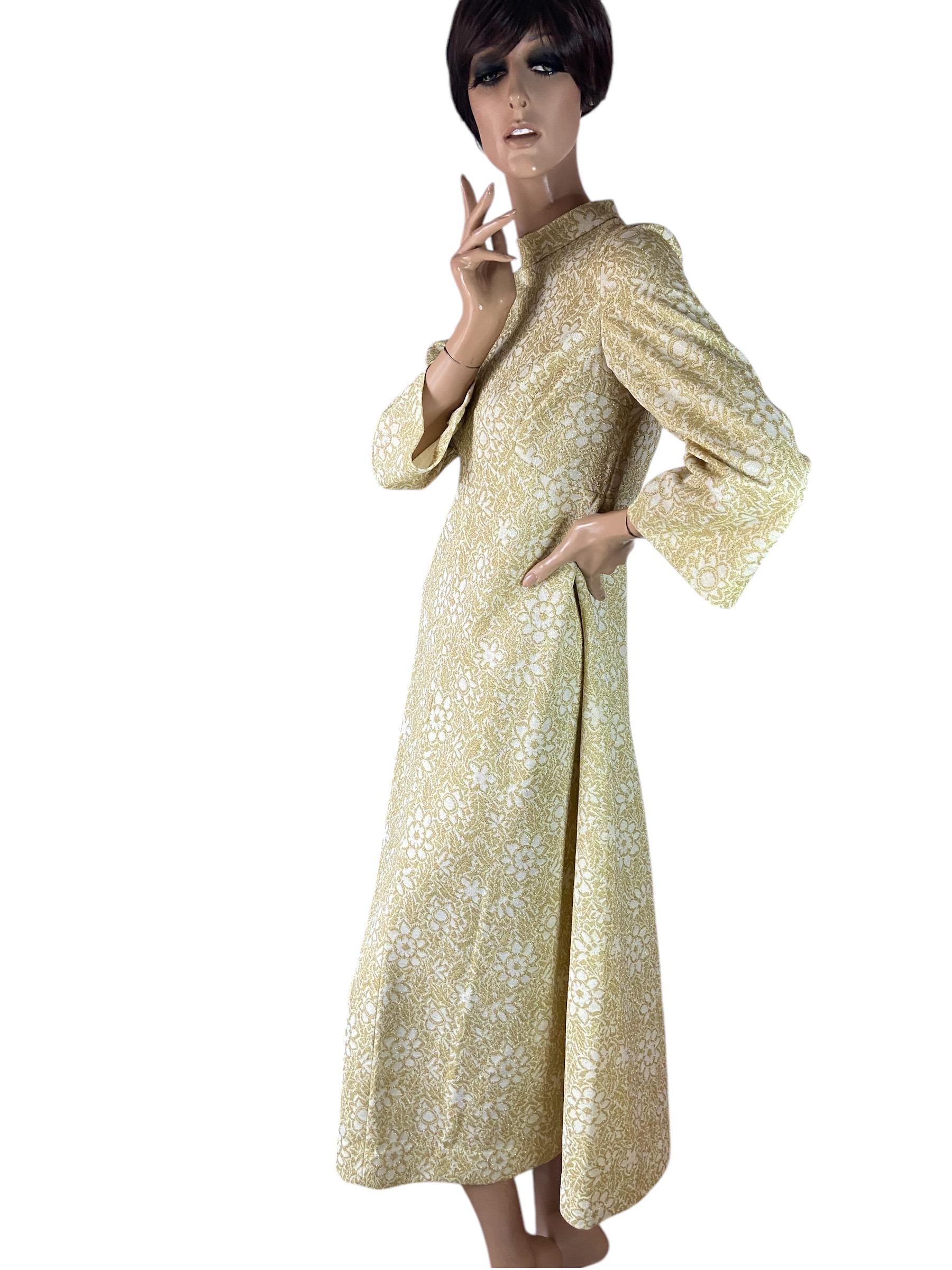 gold 70s dress Vintage 70s Gold Honeycomb Lurex Knit Maxi Dress - Large | Futura Couture Sleeveless Metallic Formal Disco Gown