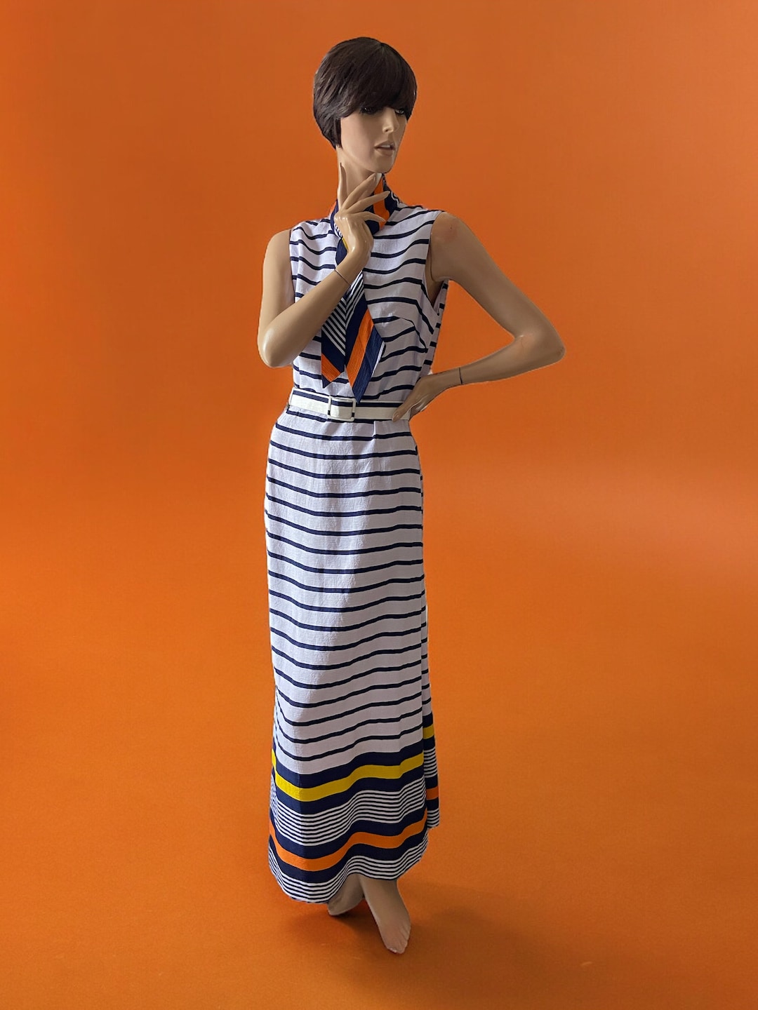 orange and blue striped dress Nautical Sidgreene of London Vintage Navy Maxi Sailor 14 16 Tyndall