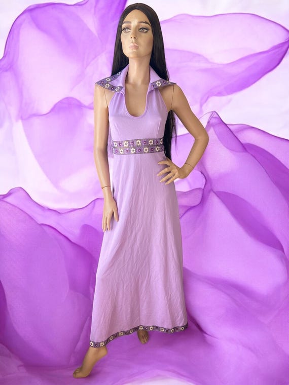 Lavender Lilac Dagger Collar Vintage 70s Embroidered Maxi Dress 6 8 - Etsy
